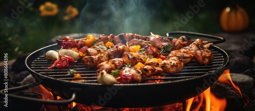 In the summer garden chicken meat sizzles on the grill and skewers over an iron box filled with coals forming a captivating copy space image