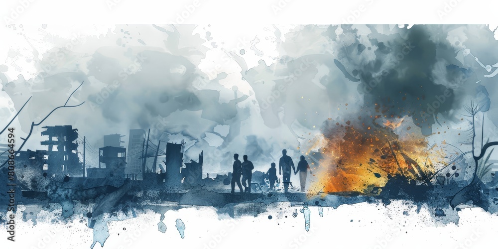 A group of people are walking through a city that has been destroyed by a fire. The sky is dark and cloudy, and the buildings are in ruins. Scene is somber and bleak