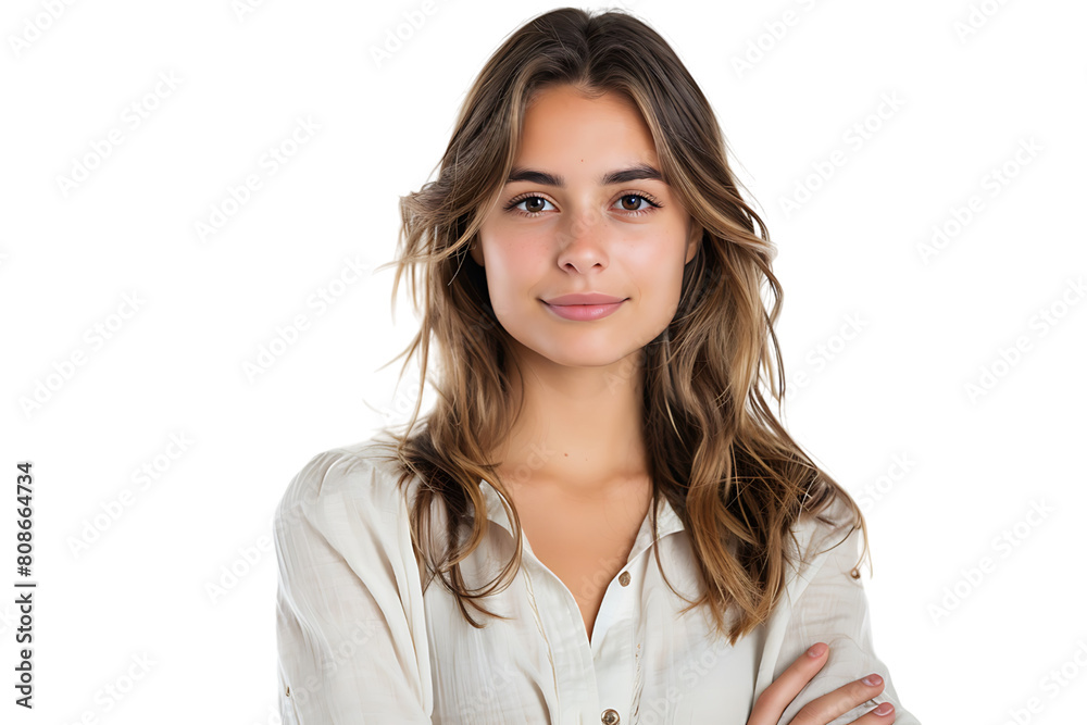 Portrait of young European woman standing with crossed arms on isolated transparent background Portrait of young European woman standing with crossed arms on isolated transparent background