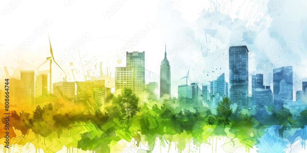 A city skyline with a green tree in the foreground. The city is surrounded by a forest, and the sky is filled with wind turbines. Concept of harmony between nature and technology