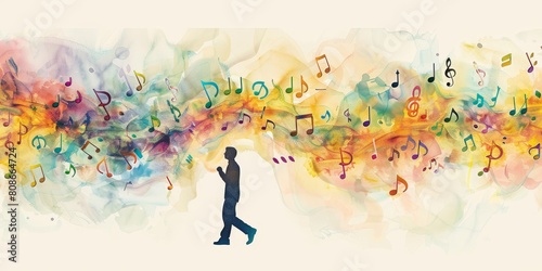 A man is walking in front of a colorful background with musical notes. The background is filled with various musical notes  creating a vibrant and lively atmosphere. The man is enjoying his walk