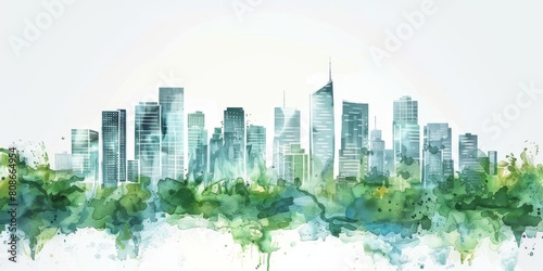 A city skyline with a green background. The buildings are tall and the sky is clear. The city appears to be bustling with activity