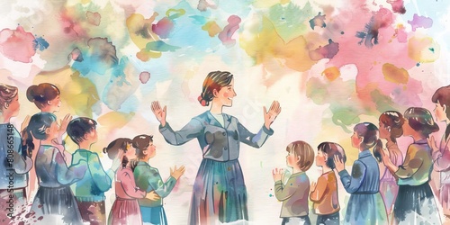 A woman is standing in front of a group of children. She is wearing a blue dress and is pointing to the sky. The children are looking up at her