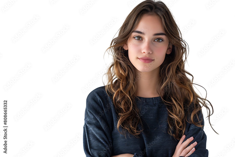 Portrait of young European woman standing with crossed arms on isolated transparent background Portrait of young European woman standing with crossed arms on isolated transparent background