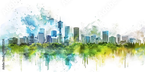 A city skyline with a green background. The city is full of tall buildings and the sky is blue