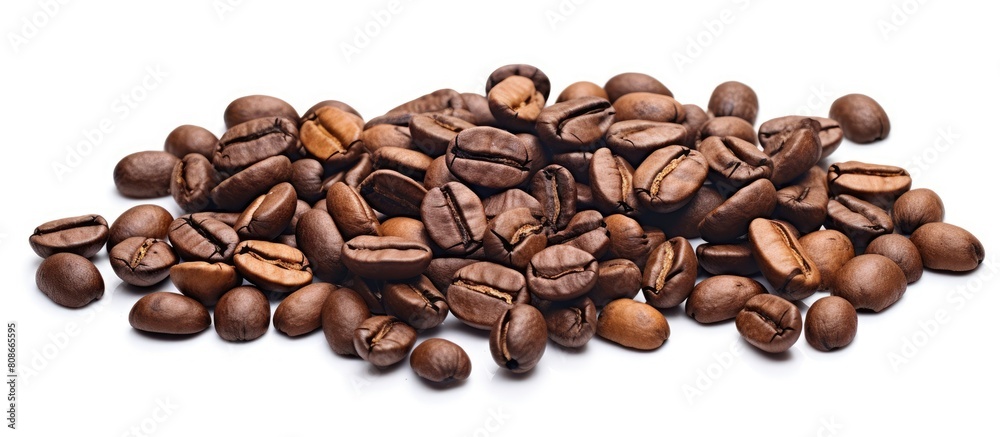 An image of coffee beans with no background providing a blank space for further design or text. Copy space image. Place for adding text and design