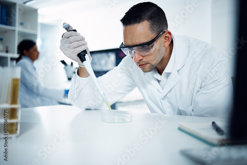 Scientist  man and pipette on petri dish for research  test or chemical analysis for healthcare innovation in laboratory. Dropper  science and medical study of drugs  liquid or exam for biotechnology