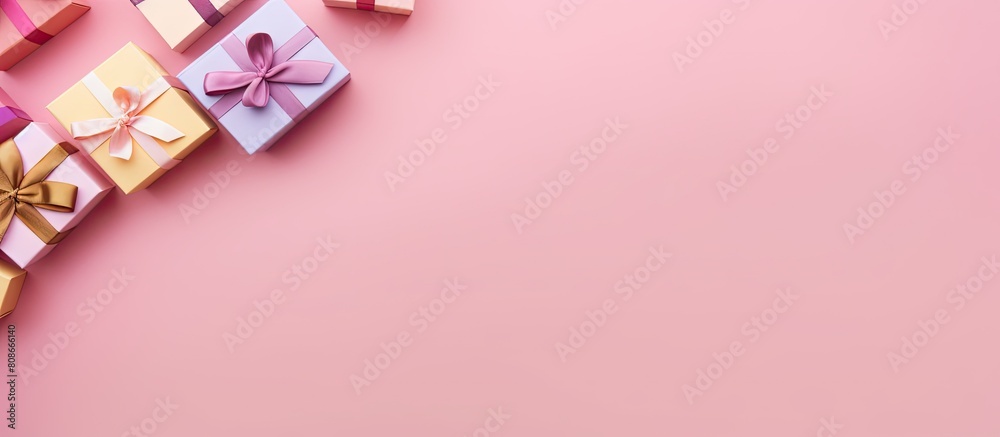 Top view of a visually pleasing arrangement of pastel colored gift boxes on a pink background providing ample copy space for an image Top view of a visually pleasing arrangement of pastel colored gift boxes on a pink background providing ample copy space for an image