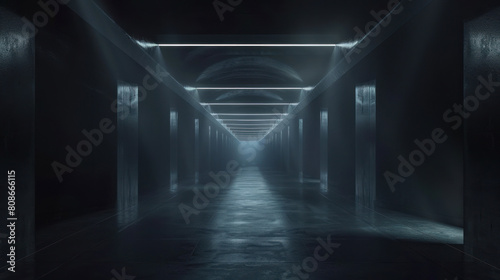 A dark  futuristic tunnel illuminated by beams of light.