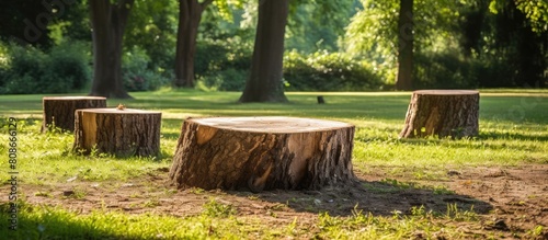 Public park with freshly cut wooden stumps and clean deadwood copy space image photo