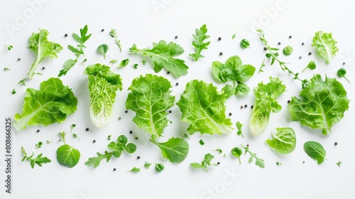 Vibrant top view of fresh green leaves and endive frisee chicory salad, isolated on a white background, raw style, studio lighting, high detail photo