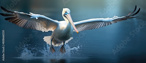 Pelican a bird known for its large throat pouch and graceful flight is often found near bodies of water. Copy space image. Place for adding text and design photo