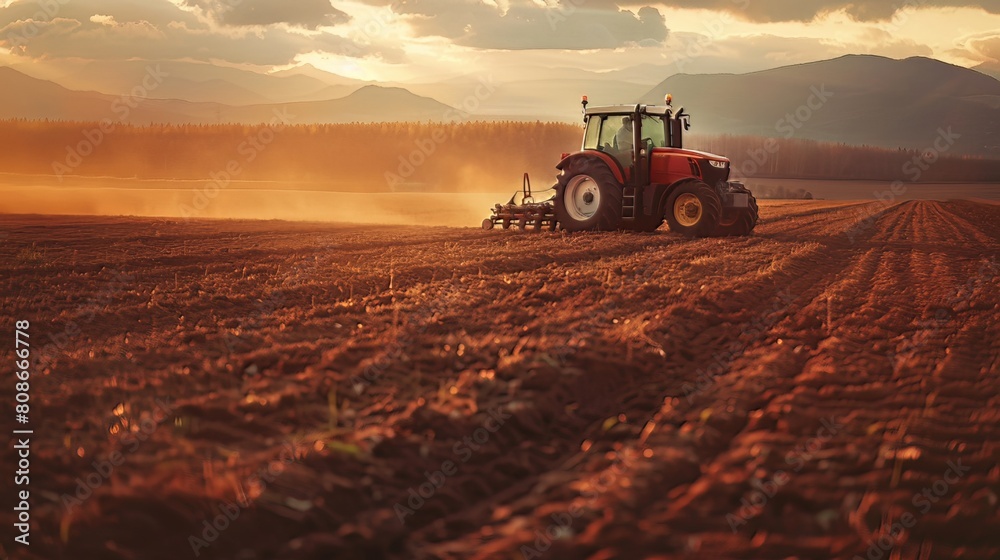 Tractor in the Field: In the early morning light, a farmer operates a tractor, plowing the fields to prepare the soil for planting crops Tractor in the Field: In the early morning light, a farmer operates a tractor, plowing the fields to prepare the soil for planting crops