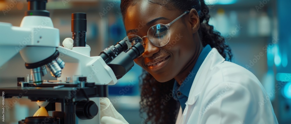 Young Biotechnology Science Specialist, Using Technologically Advanced Equipment in a Medical Science Laboratory. Beautiful Black Scientist Smiling Charmingly while Using Microscope. Young Biotechnology Science Specialist, Using Technologically Advanced Equipment in a Medical Science Laboratory. Beautiful Black Scientist Smiling Charmingly while Using Microscope.