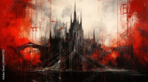 Abstract surreal gothic background with castle, sharp sketchy lines, red sky and black water.