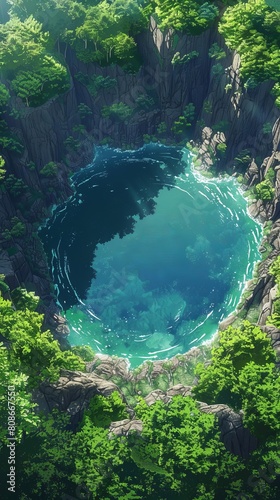 An almost perfect circular lake shot straight down from the air resembles the earth surrounded by a pine forest