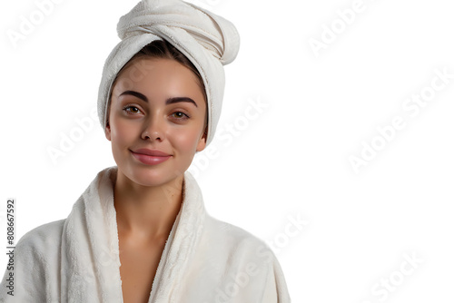 Woman in white bathrobe and towel on head standing on isolated transparent background