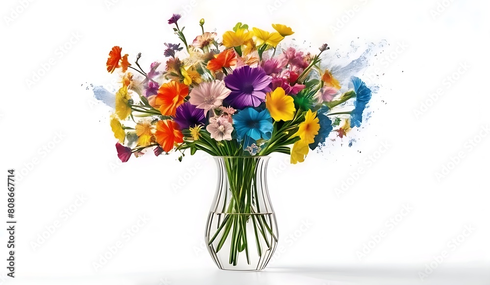 Generate a vivid description of a rainbow splash of water bursting from a vase filled with blooming flowers, set against a pristine white backdrop