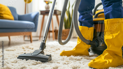 A janitor is vacuuming a carpet at home to remove dirt and dust.