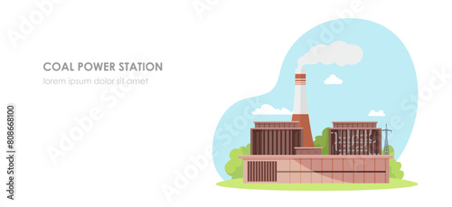 Vector illustration of a coal power station with smokestacks and industrial buildings on a light blue background. Vector illustration