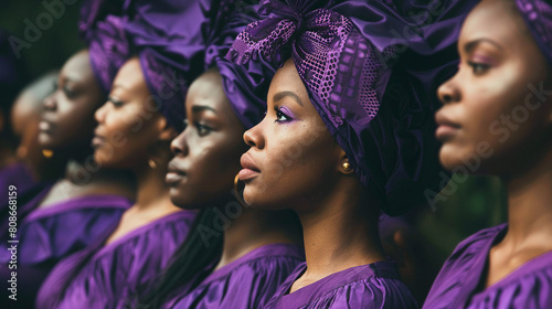 grupo de mujeres negras con pañuelo en sus cabezas posando en fila para celebración cultural el día de la mujer negra. photo