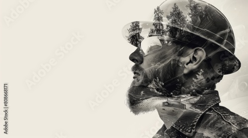 Double exposure of worker with oil, gas and petrochemical refinery factory showing next generation of power and energy business.