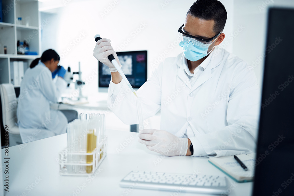 Scientist, man and pipette on test tube for research, exam or chemical engineer in analysis for healthcare innovation in lab. Dropper, science and medical study of drugs, medicine or vaccine liquid Scientist, man and pipette on test tube for research, exam or chemical engineer in analysis for healthcare innovation in lab. Dropper, science and medical study of drugs, medicine or vaccine liquid