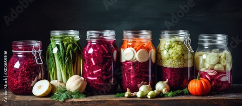 Fermented grains like sourdough and kefir along with lacto fermented vegetables in jars such as beetroot and cucumbers can be seen in the copy space image photo