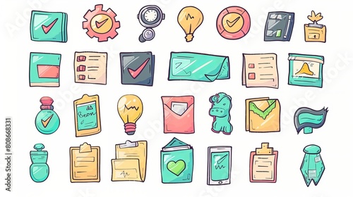 The quality control icons depict doodle symbols of assurance, compliance, and verification. Modern hand-drawn set with checklists, documents with check marks, certificates, phone numbers, and graphs.