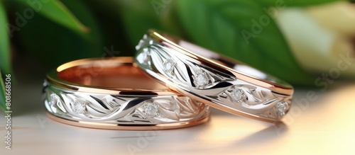 Rose gold and silver wedding rings featuring a beautiful bouquet of green flowers The rings present an elegant combination of colors and nature inspired design Ideal for couples seeking unique and st photo