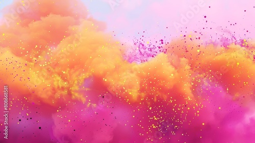 Paint explosion background  banner template for Holi festival with pink  yellow and orange powder clouds. Horizontal border with color splashes  colorful clouds  realistic 3D modern illustration.