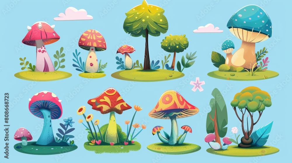 An isolated set of fantasy mushrooms, flowers, and trees from a planet or magic game. Fairy tale or extraterrestrial strange plants and animals. Cartoon modern illustration. An isolated set of fantasy mushrooms, flowers, and trees from a planet or magic game. Fairy tale or extraterrestrial strange plants and animals. Cartoon modern illustration.