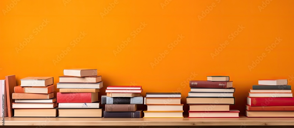 Copy space image featuring a composition of hardback books stacked on a wooden deck table against an orange background The fanned pages of the open books create an inviting ambiance making it perfect Copy space image featuring a composition of hardback books stacked on a wooden deck table against an orange background The fanned pages of the open books create an inviting ambiance making it perfect