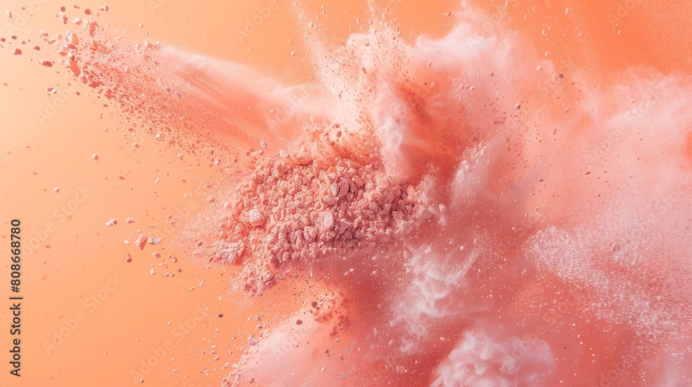 Fototapeta premium Vibrant close-up of scattered beauty products on a pastel peach backdrop, powder explosion from a brush swipe, studio lighting, raw style