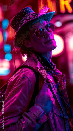 Mad Hatter, steampunk attire, Eccentric character in a bustling futuristic metropolis, golden hour, Photography, Rembrandt lighting, Over-the-shoulder shot