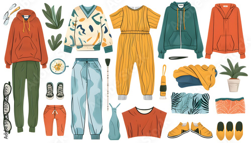 Clipart of loungewear styles like cozy pajama sets and soft joggers displayed with relaxed and colo Generative AI photo