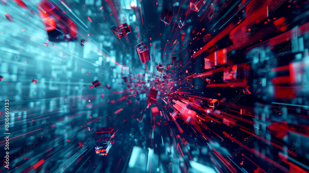 Obraz premium Explosive digital data breach visual with flying pixels and distorted cyber elements in red and blue tones.