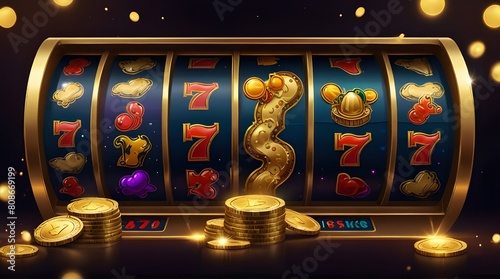 Banner with casino slot machine and shining gold coins.generative.ai