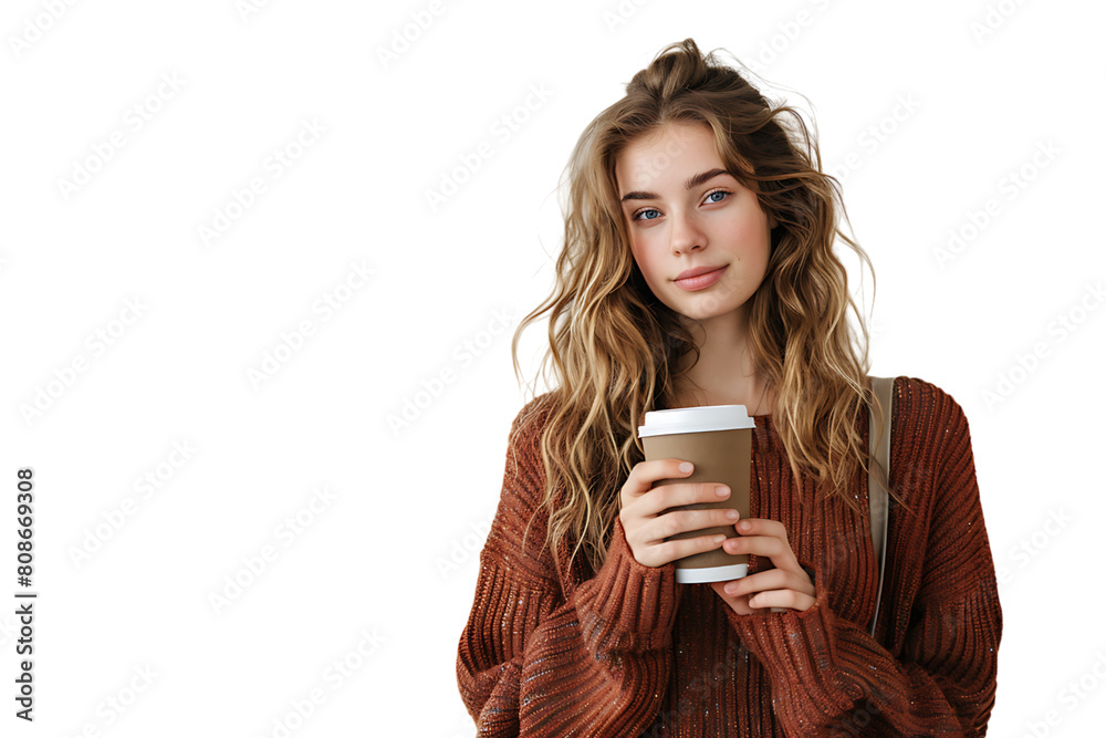 Young european woman holding phone and coffee on isolated transparent background Young european woman holding phone and coffee on isolated transparent background