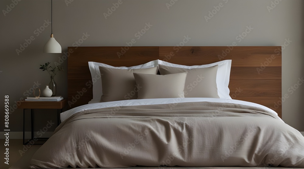 Bed with organic bed linen Details of modern minima.generative.ai