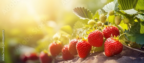 Fototapeta Naklejka Na Ścianę i Meble -  Growing strawberry fruits in a garden showcasing a vibrant image with plenty of copy space