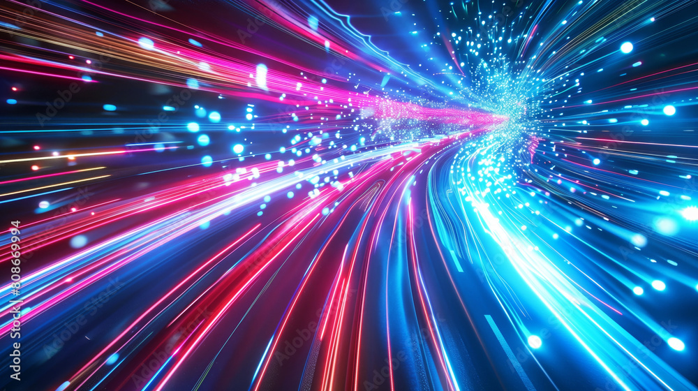 Obraz premium Dynamic digital image of high-speed data transfer, depicting vibrant light streaks and particles.
