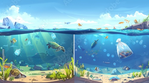 Posters with plastic trash, waste, and oil in the sea. Modern banners of environmental disasters. Cartoon pollution of the ocean with oil slick, turtle in bag under water. photo