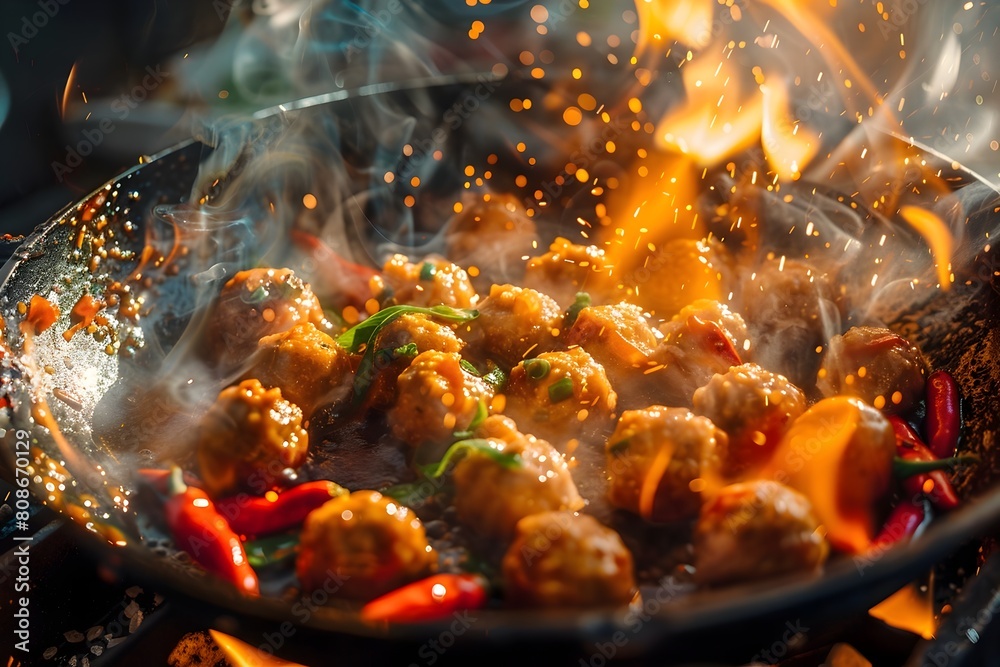 Sizzling Spicy Hot Pot with Peppers and Meatballs Dramatic Chinese Cuisine Close Up Photography Sizzling Spicy Hot Pot with Peppers and Meatballs Dramatic Chinese Cuisine Close Up Photography