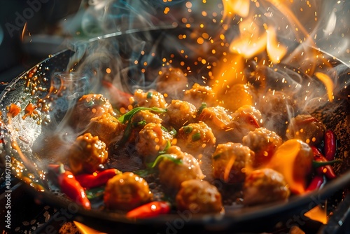 Sizzling Spicy Hot Pot with Peppers and Meatballs Dramatic Chinese Cuisine Close Up Photography photo