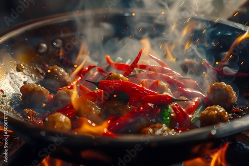 Sizzling Spicy Hot Pot with Peppers and Meatballs Dramatic Stir Fry in Modern Kitchen Setting