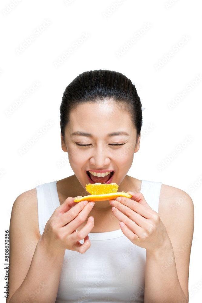 Tent and fruit happy young woman Tent and fruit happy young woman