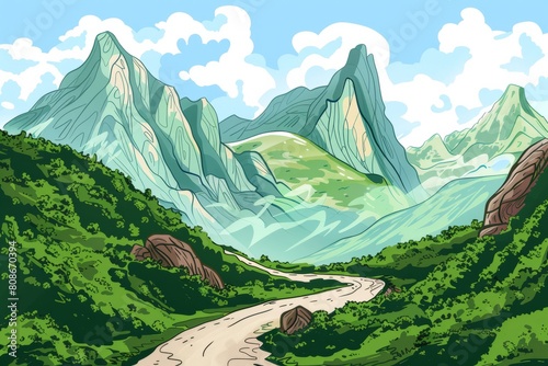 Cartoon cute doodles of the majestic Hulao Pass, where the valiant warrior Lu Bu faced off against the formidable generals Cao Cao and Guan Yu, Generative AI photo