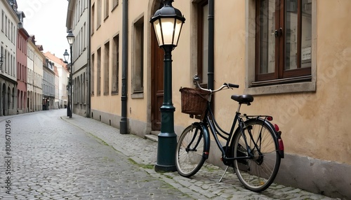 A bicycle leaning against a lamp post on a cobbles upscaled 4