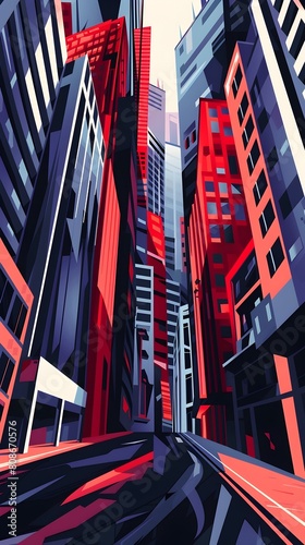 Vibrant Futuristic Cityscape with Bold Geometric Architecture and Vivid Color Contrasts photo